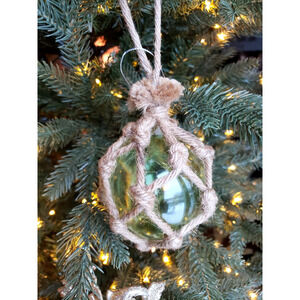 Jute Wrapped Nautical Ball Ornament Green Fish Rope Buoy Hanging Decor Accent